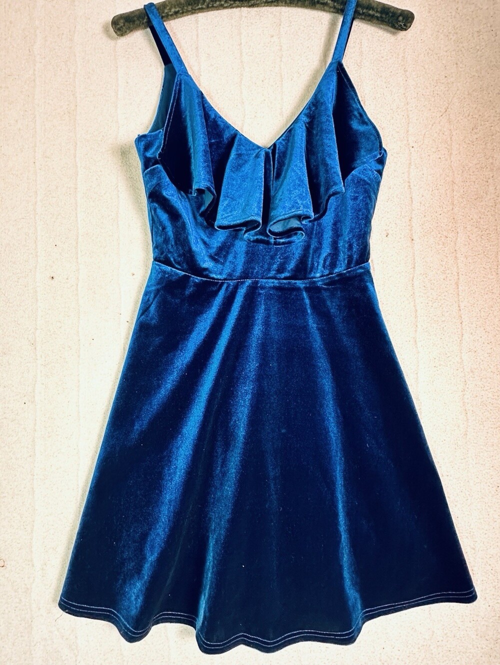Joa Teal Blue Velvet Skater  Dress Y2K  Gothic Glam Romantic Party Ruffle Sz S